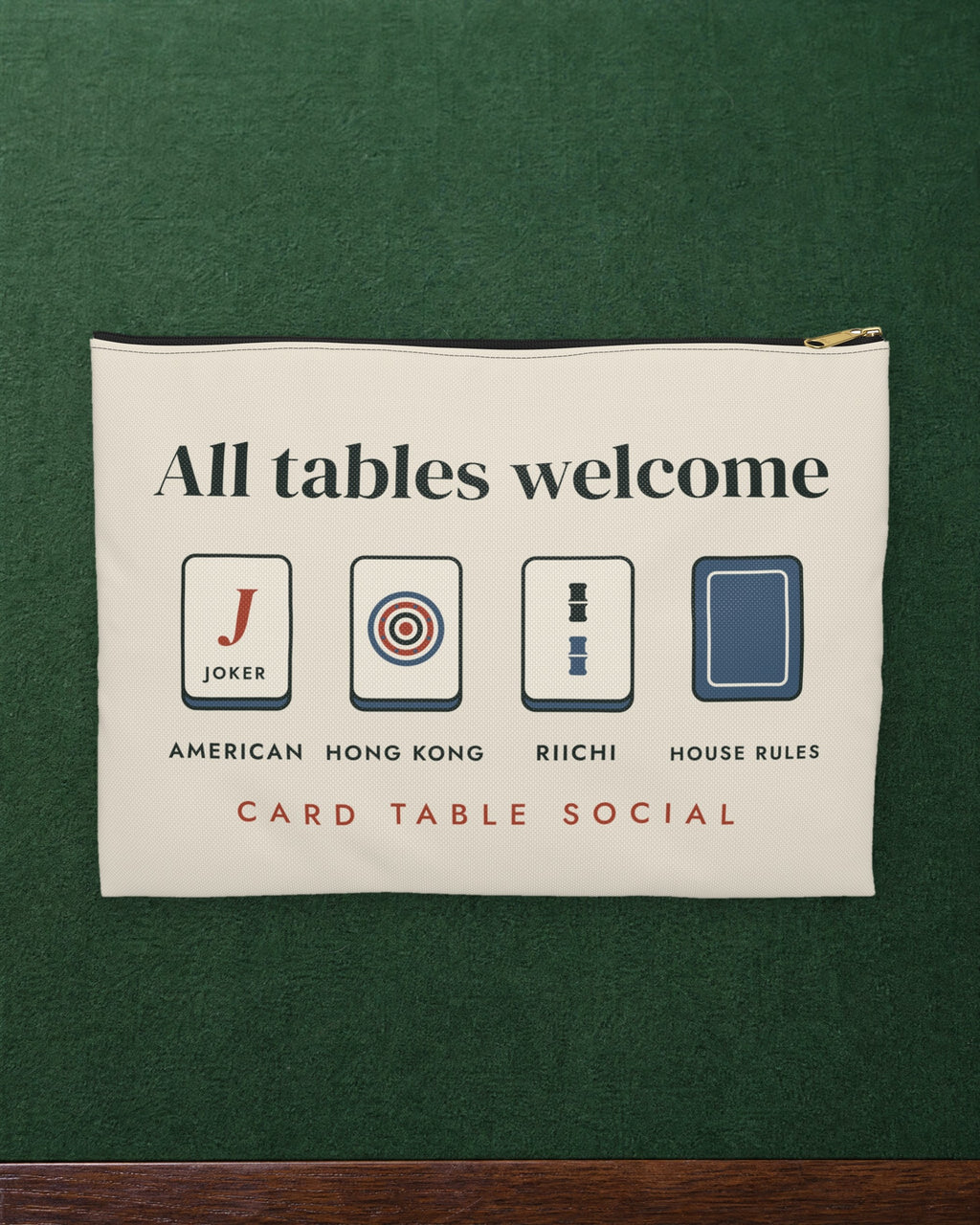 All Tables Welcome Zip Pouch in Black zipper, styled