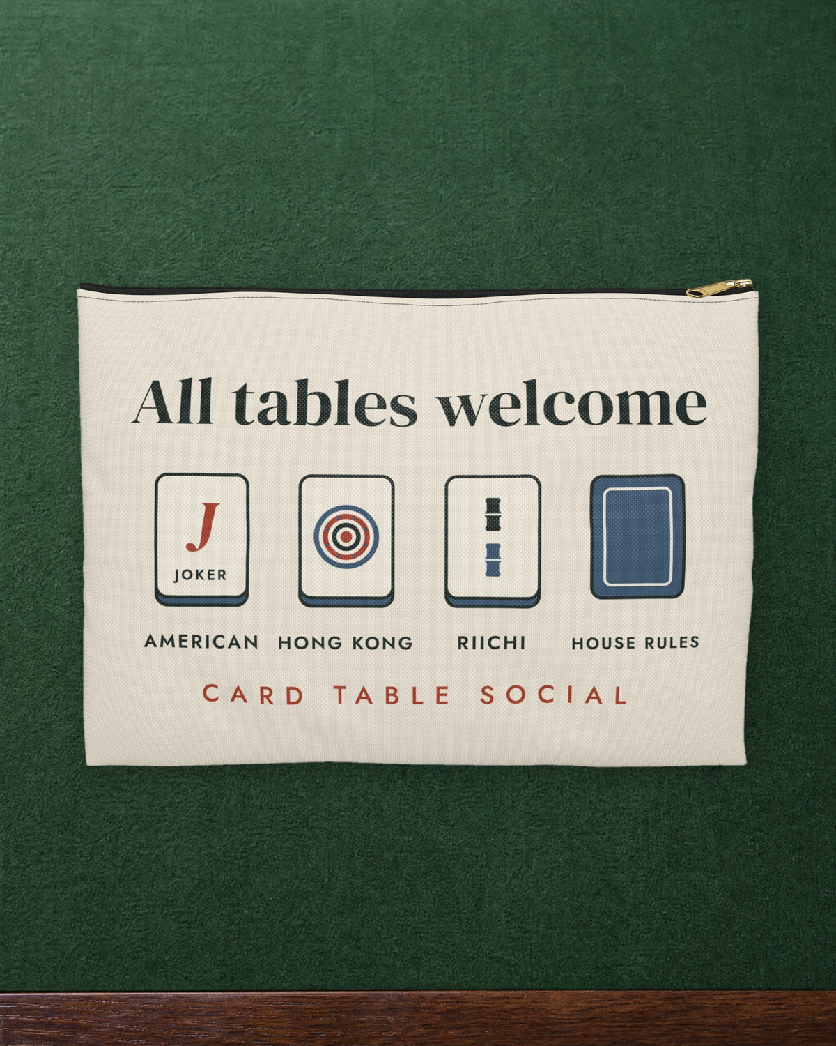 All Tables Welcome Zip Pouch in Black zipper, styled