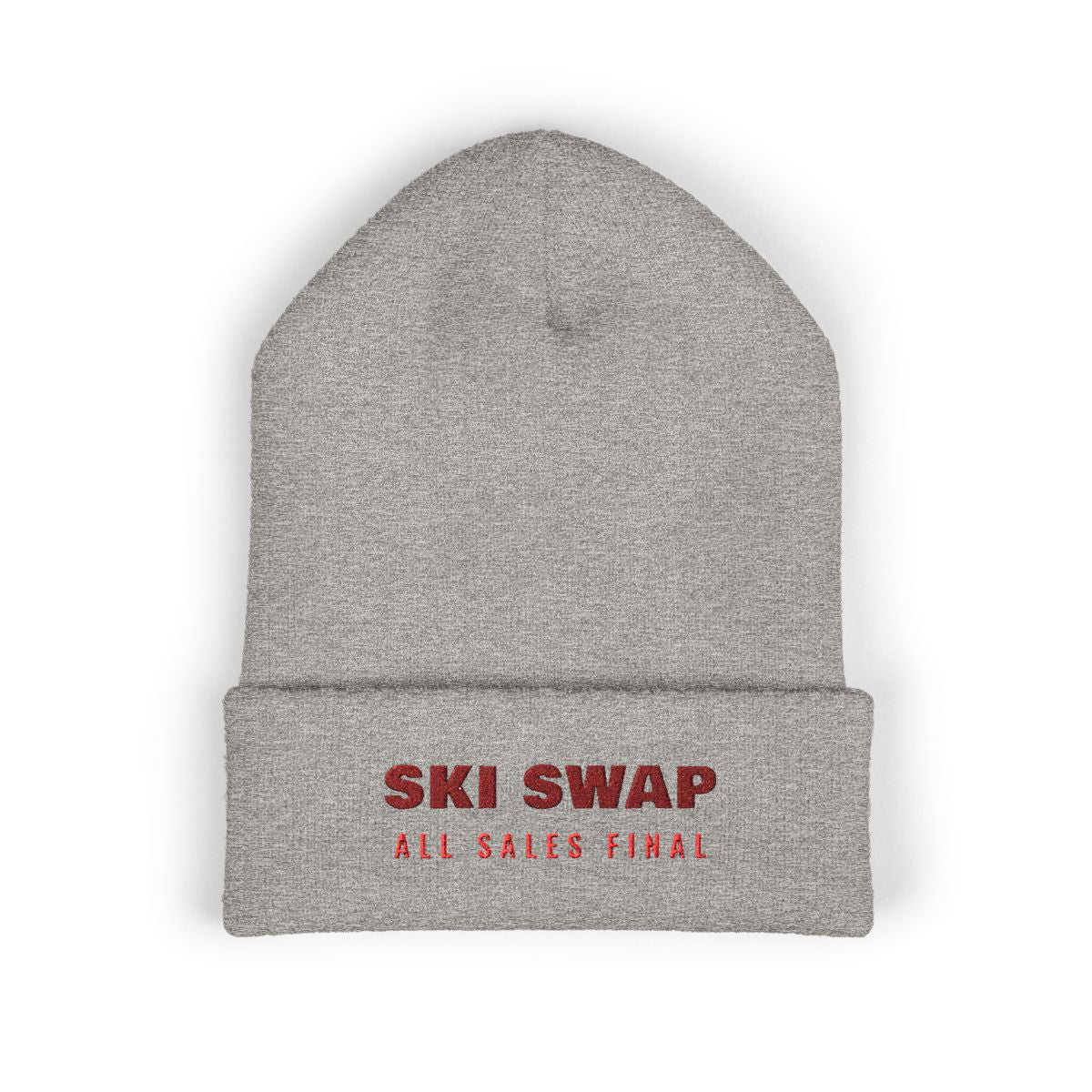 Annual Ski Swap Beanie in Heather Grey, front view