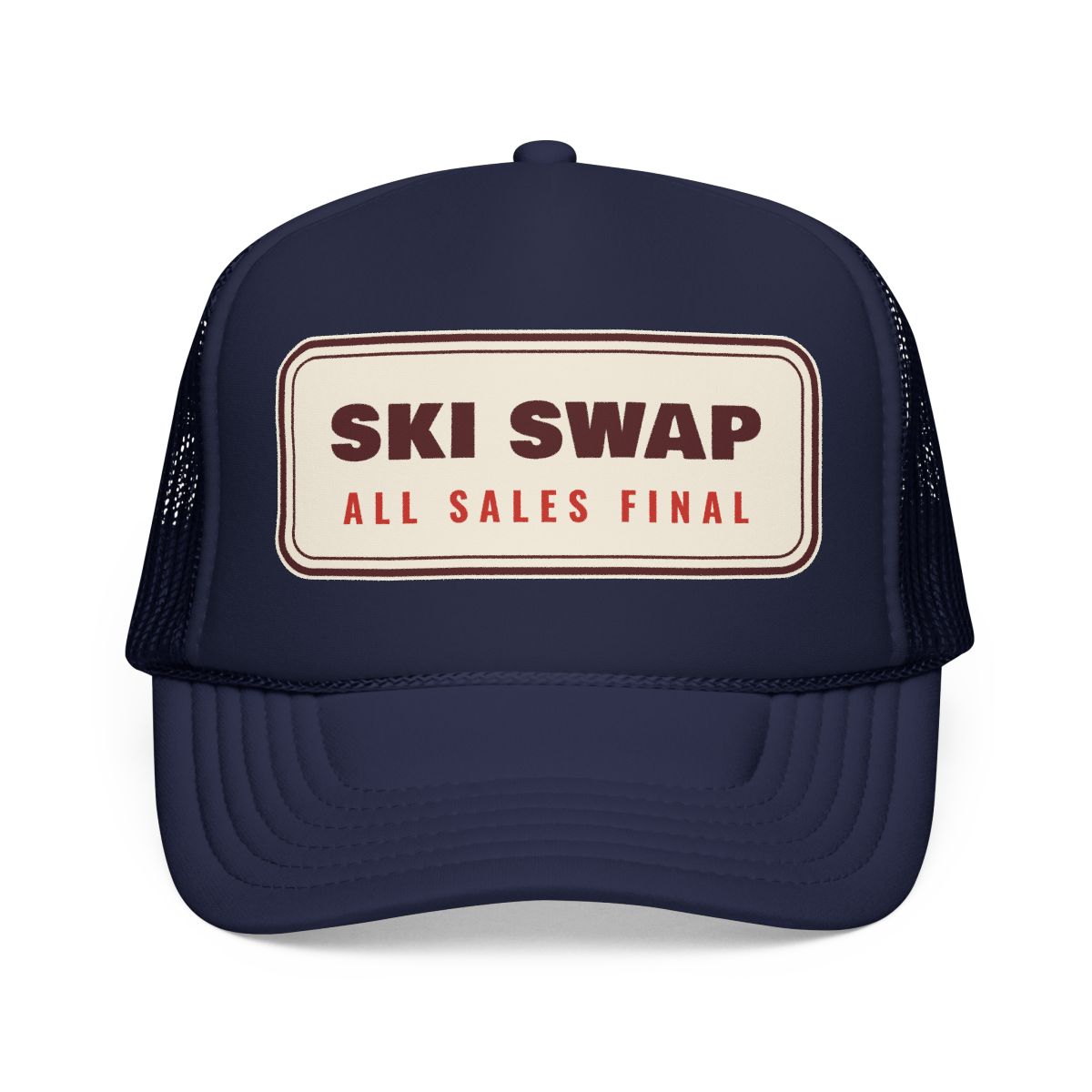 Annual Ski Swap Trucker Hat in Dark Navy, front view