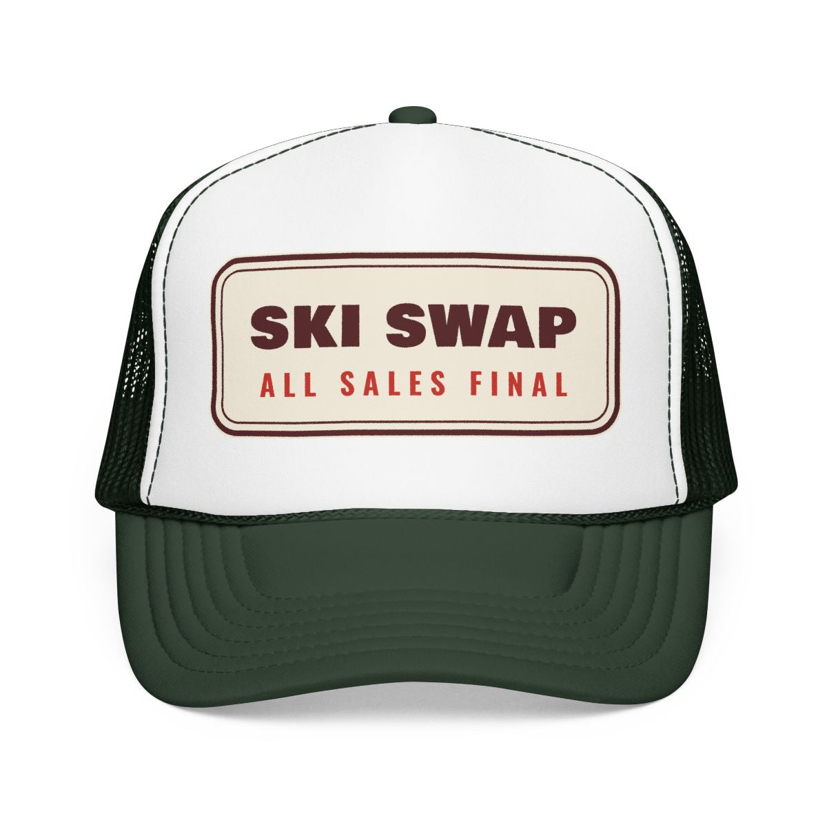 Annual Ski Swap Trucker Hat in Dark Green / White / Dark Green, front view