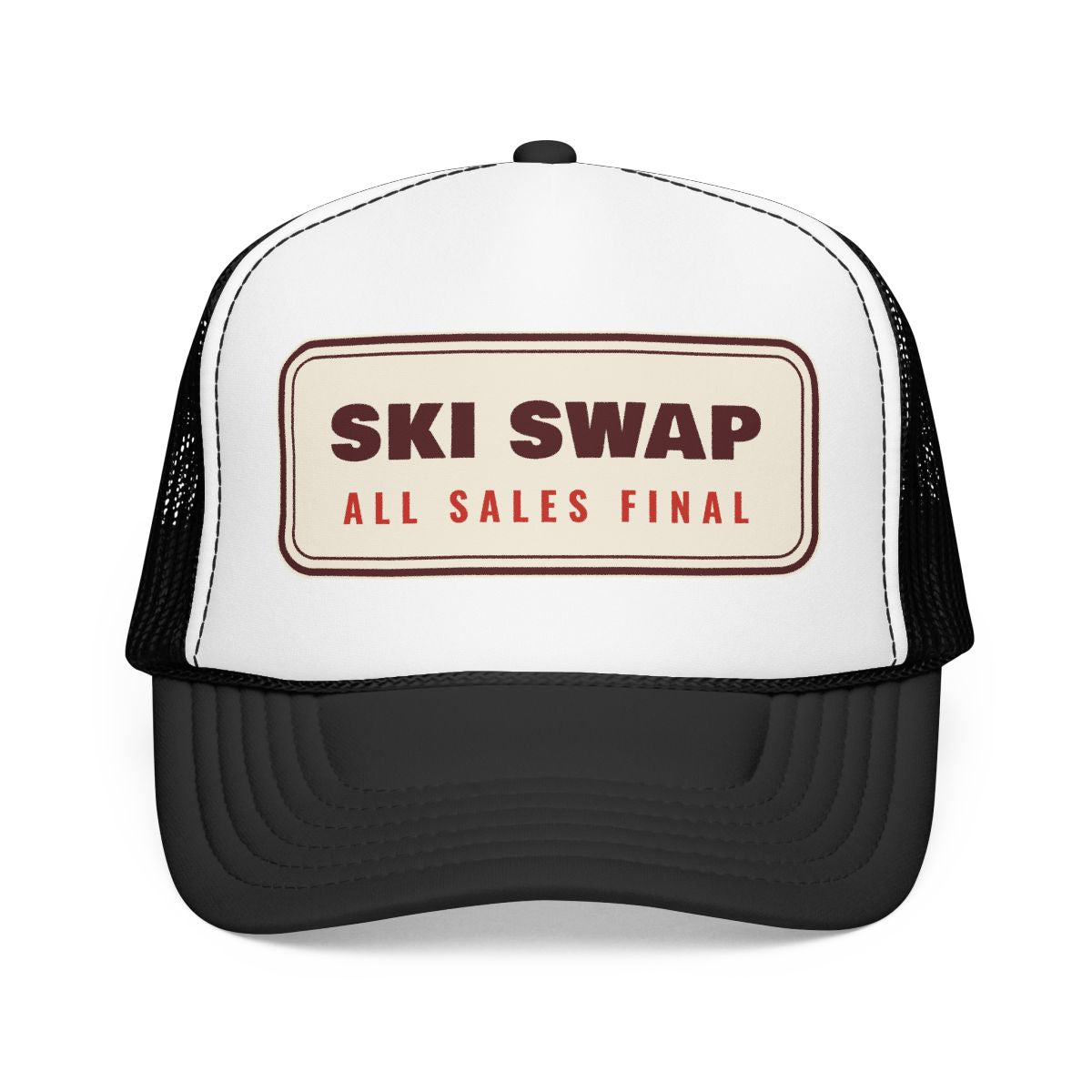 Annual Ski Swap Trucker Hat in Black/White, front view
