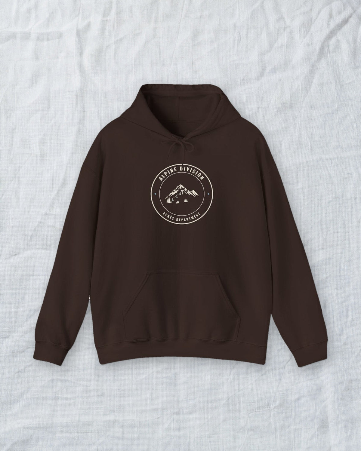 Alpine Division Hoodie in Dark Chocolate, styled