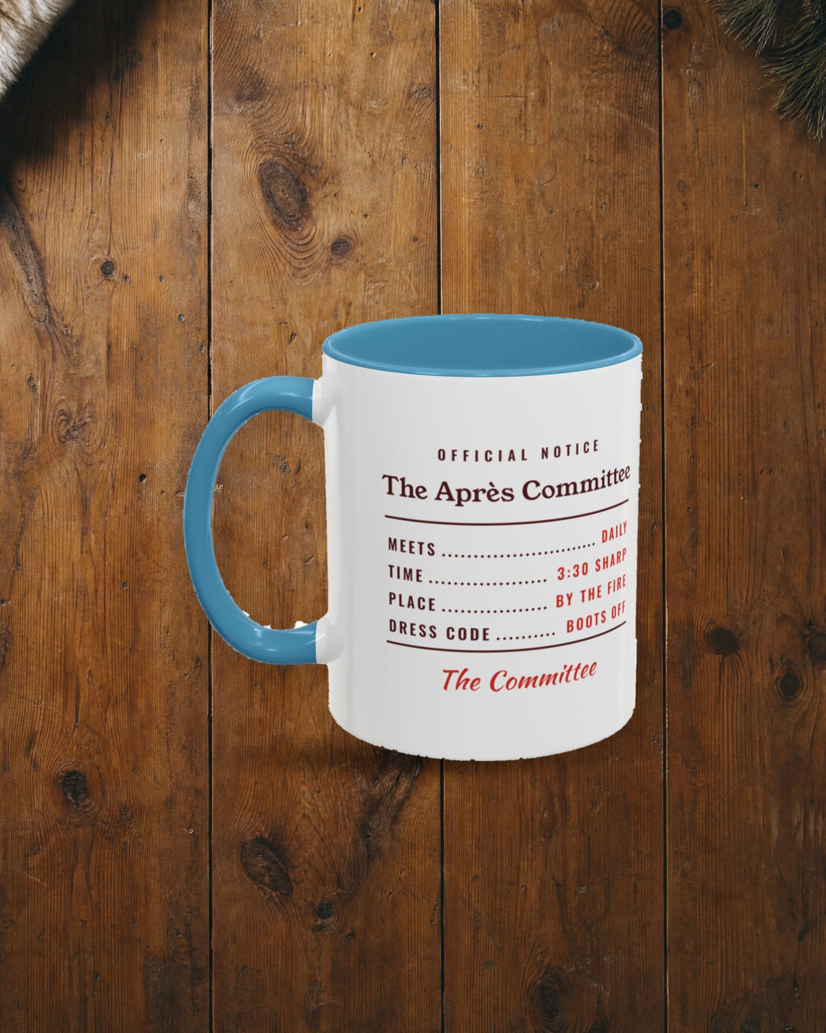 The Après Committee Mug in Light Blue, styled