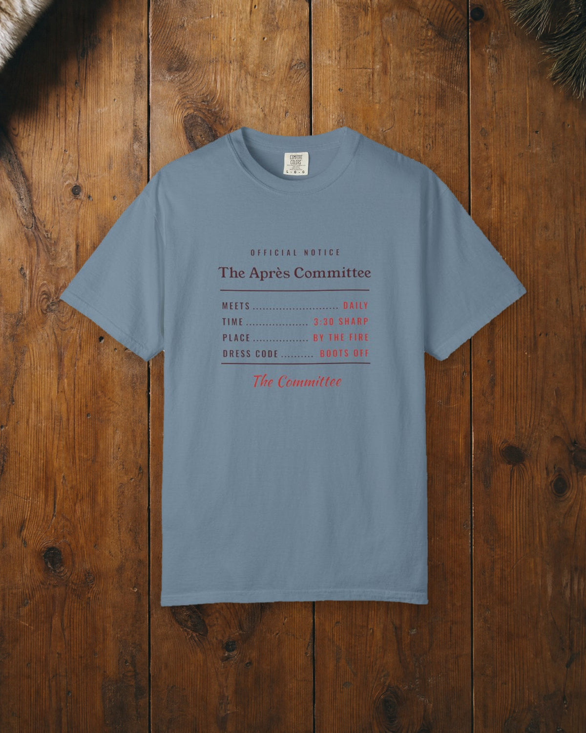 The Après Committee Tee in Ice Blue, styled