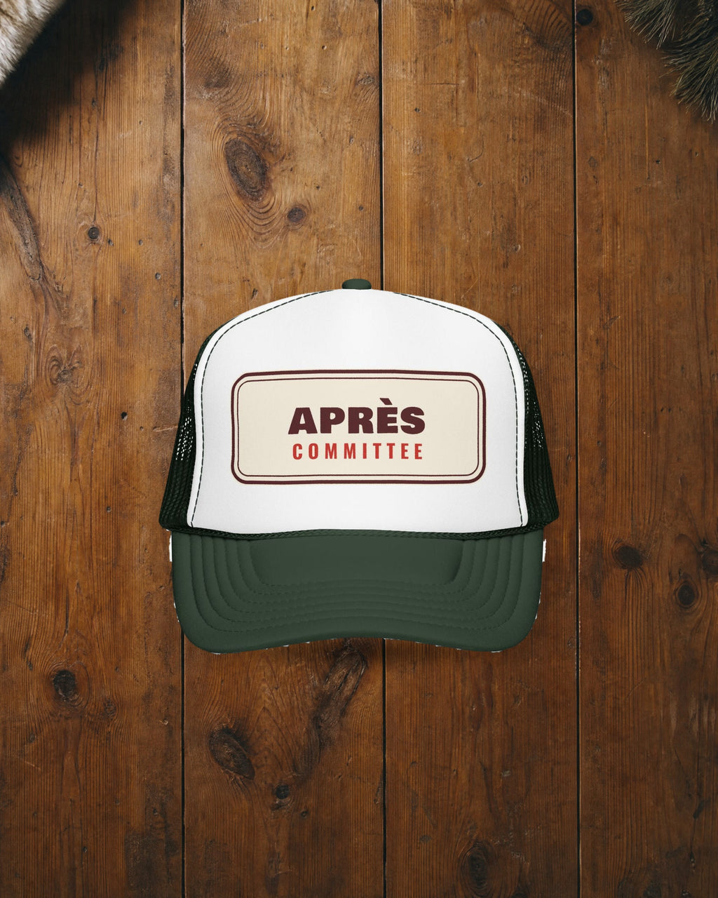 Après Committee Trucker Hat in Dark Green / White / Dark Green, styled