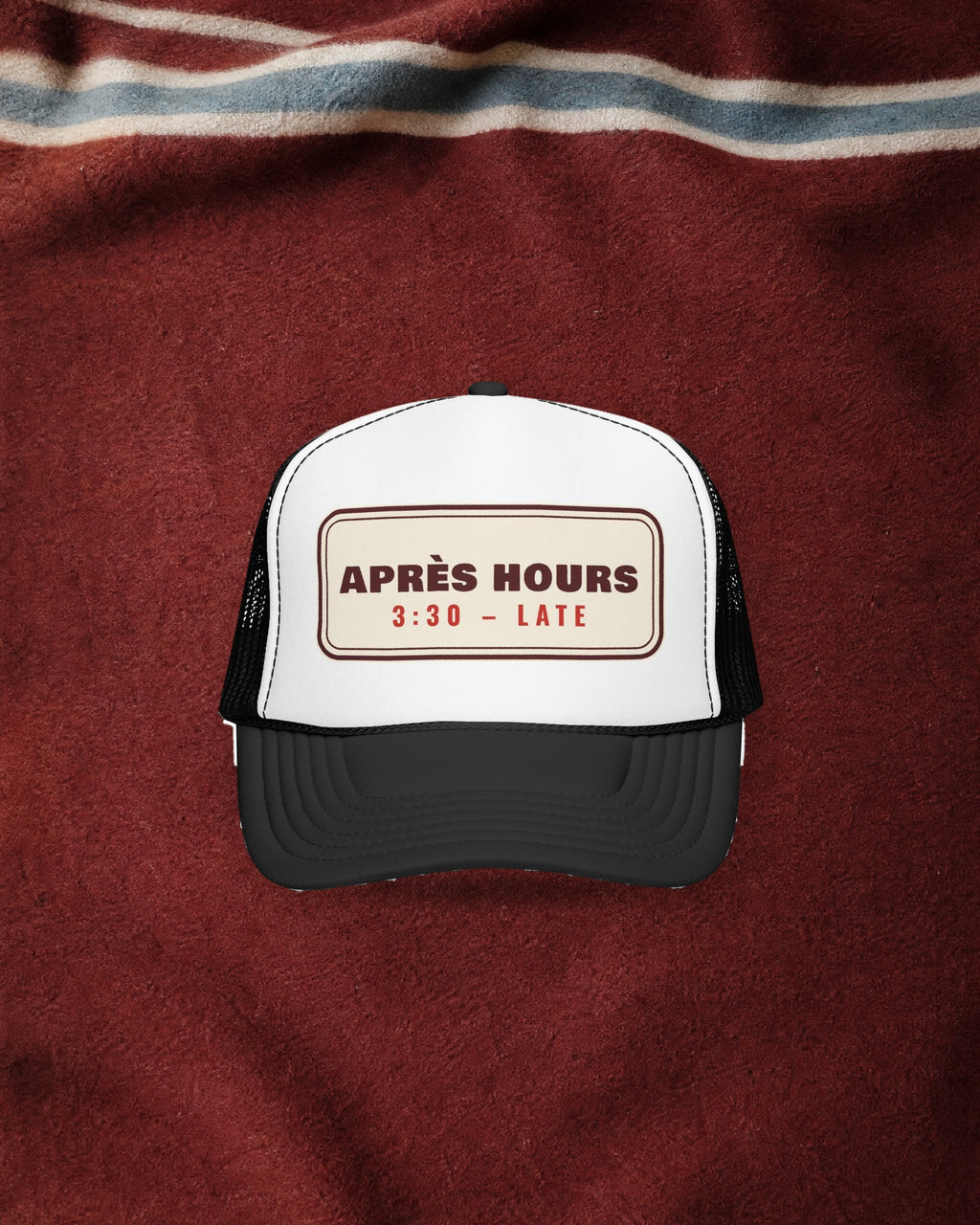Après Hours Trucker Hat in Black/White, styled