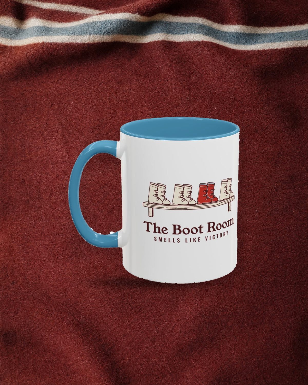 The Boot Room Mug in Light Blue, styled