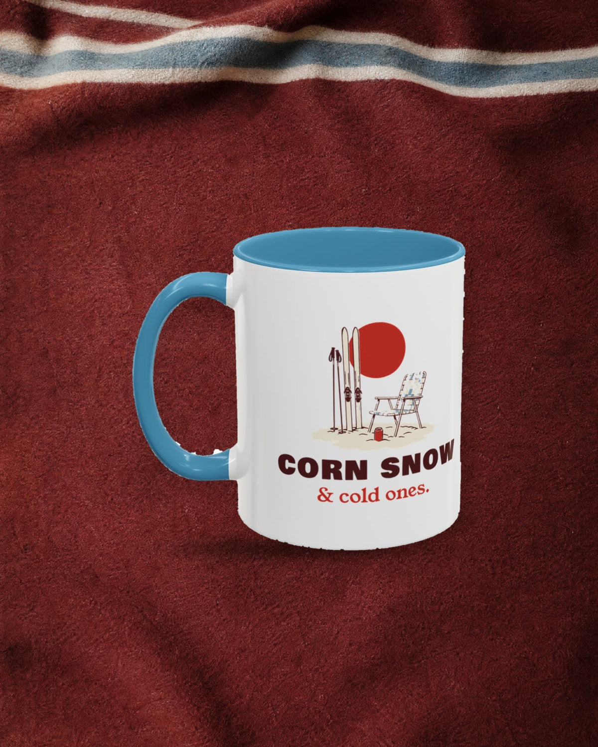 Corn Snow & Cold Ones Mug in Light Blue, styled