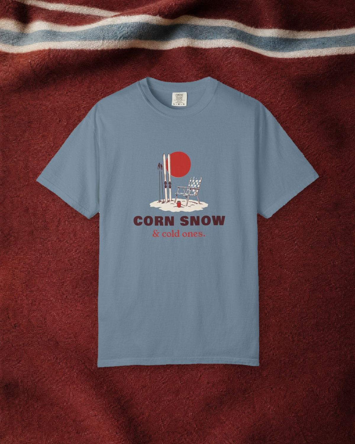 Corn Snow & Cold Ones Tee in Ice Blue, styled