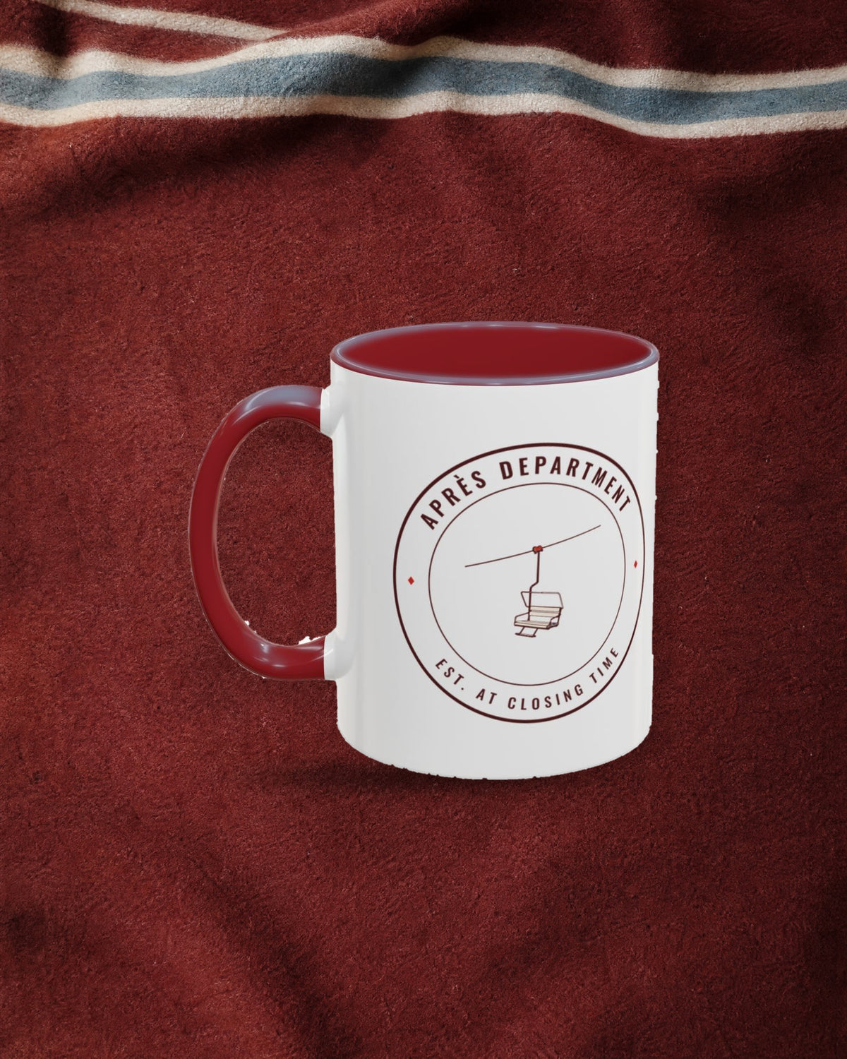Après Department Crest Mug in Maroon, styled