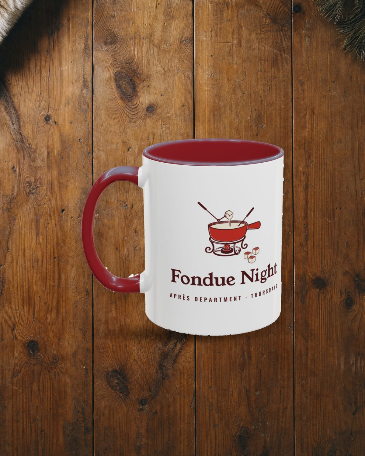 Fondue Night Mug in Maroon, styled