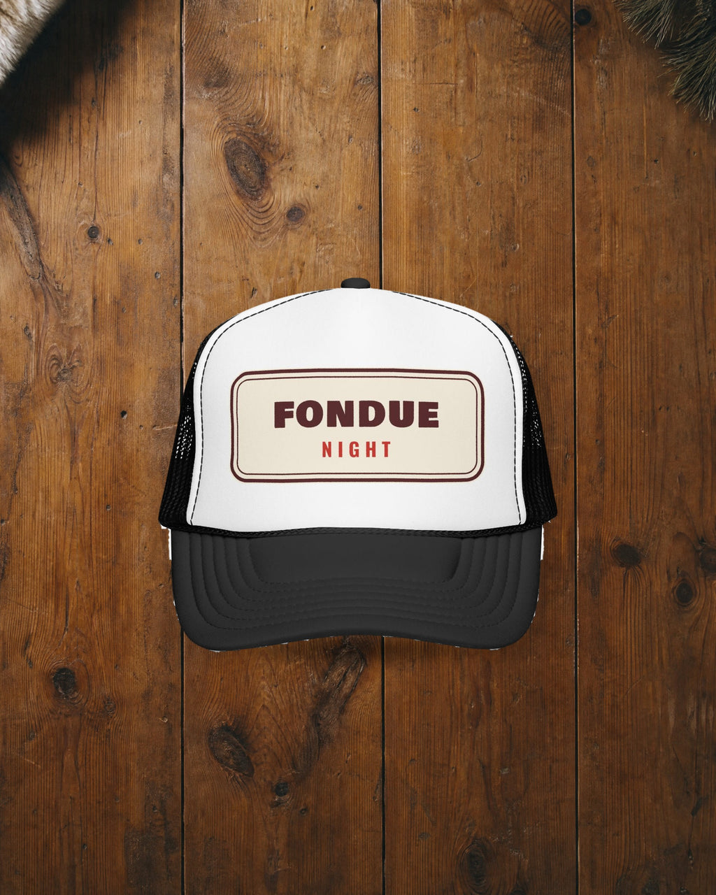Fondue Night Trucker Hat in Black/White, styled