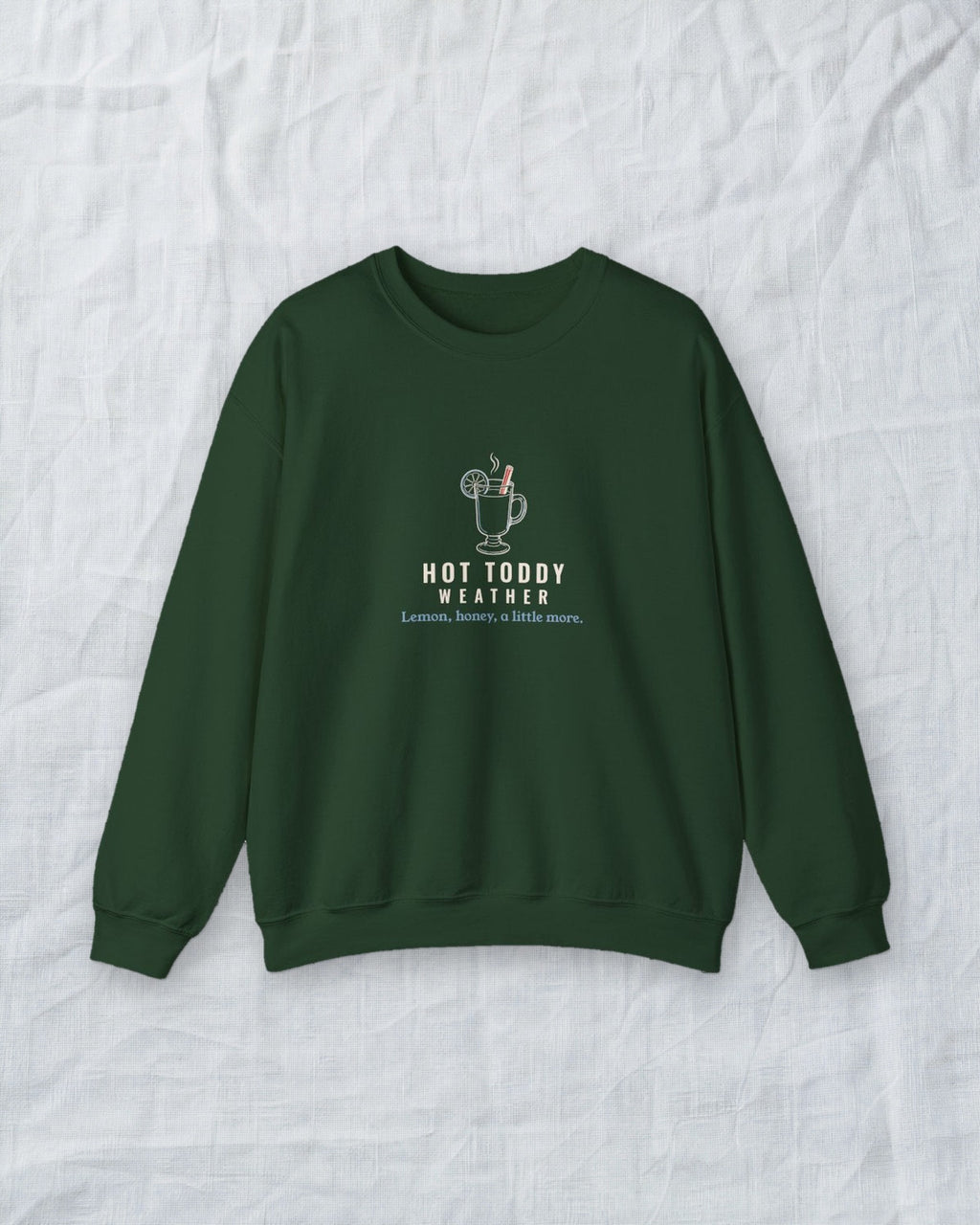 Hot Toddy Weather Crewneck in Forest Green, styled