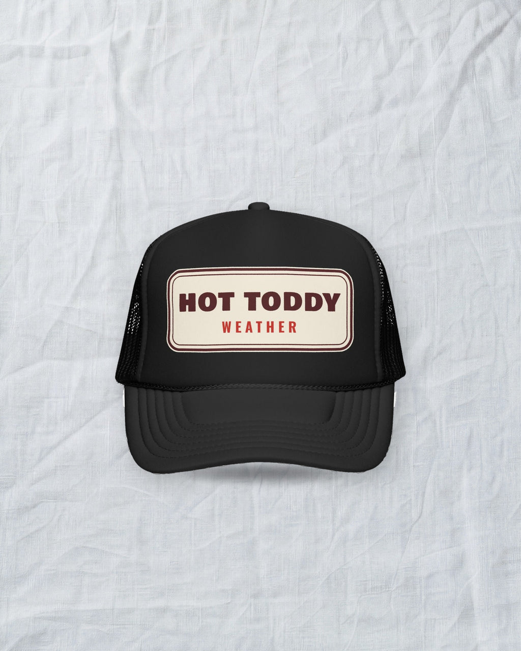 Hot Toddy Weather Trucker Hat in Black, styled