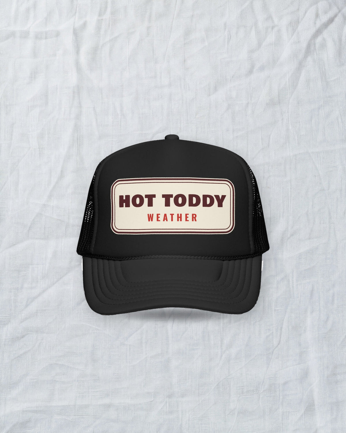 Hot Toddy Weather Trucker Hat in Black, styled