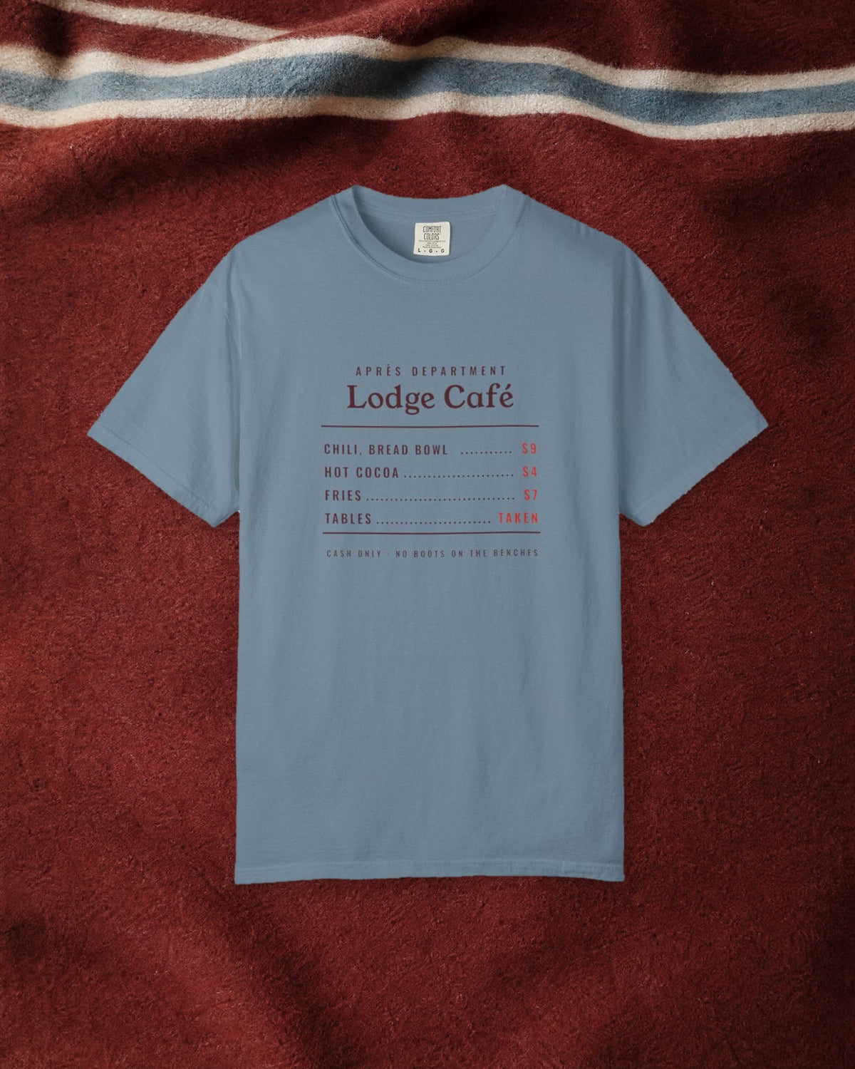 Lodge Café Tee in Ice Blue, styled