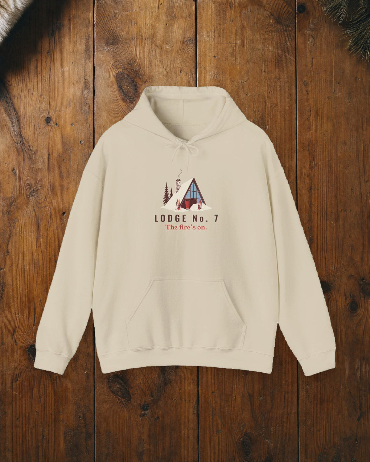 Lodge No. 7 Hoodie in Sand, styled