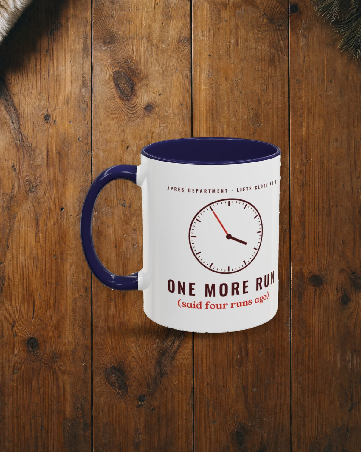 One More Run Mug in Navy, styled