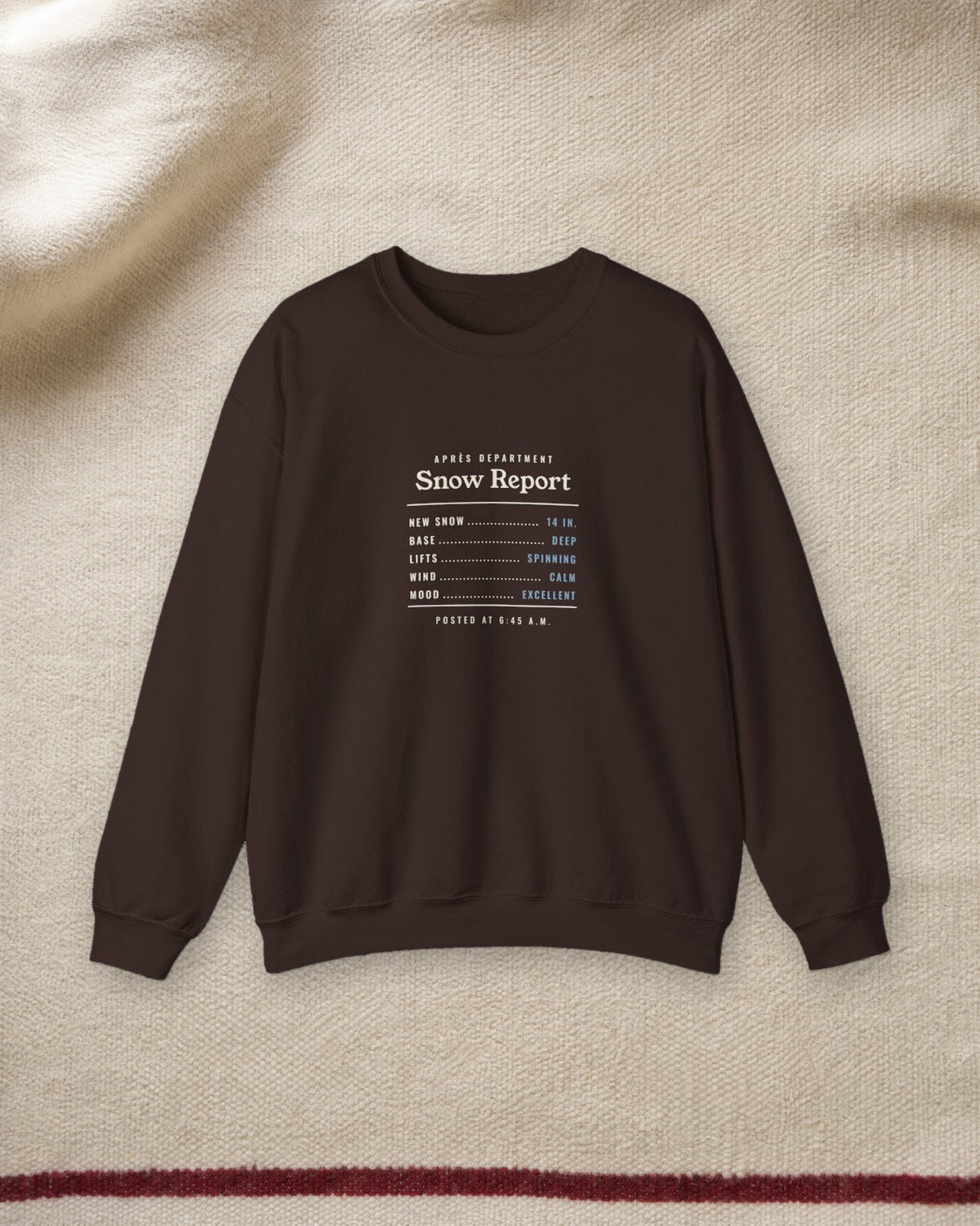 Snow Report Crewneck in Dark Chocolate, styled
