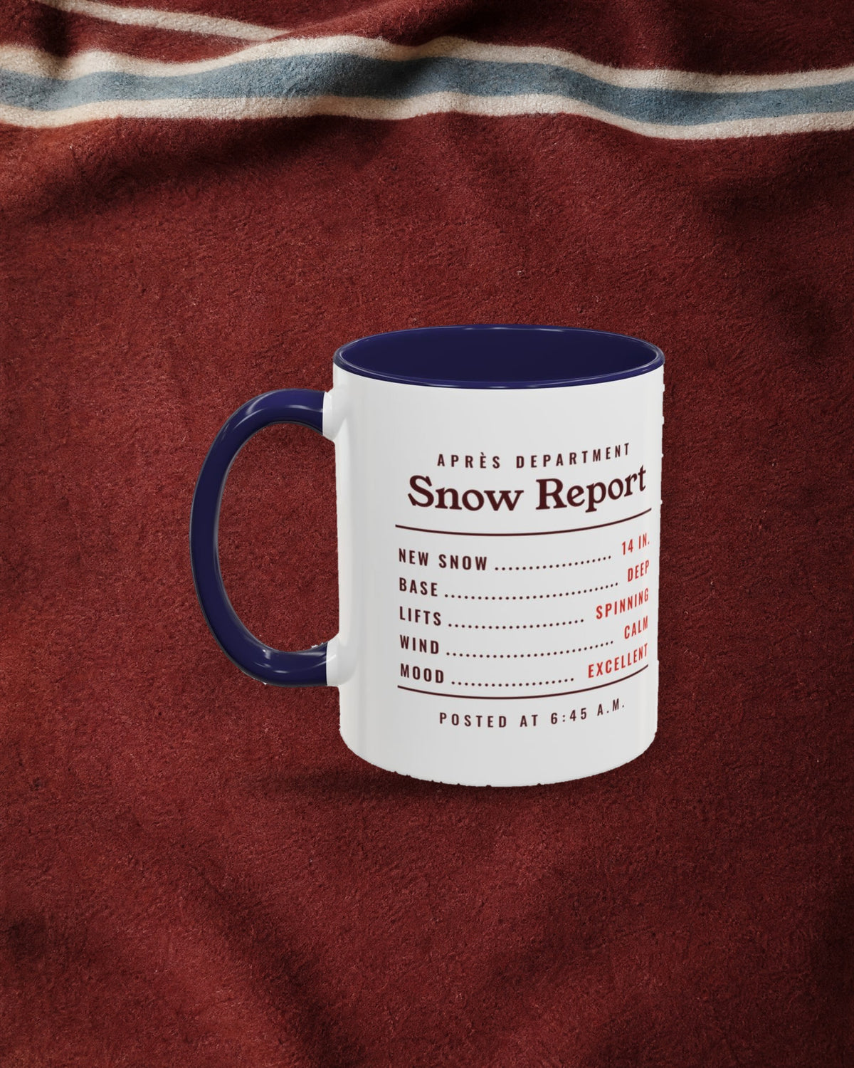 Snow Report Mug in Navy, styled