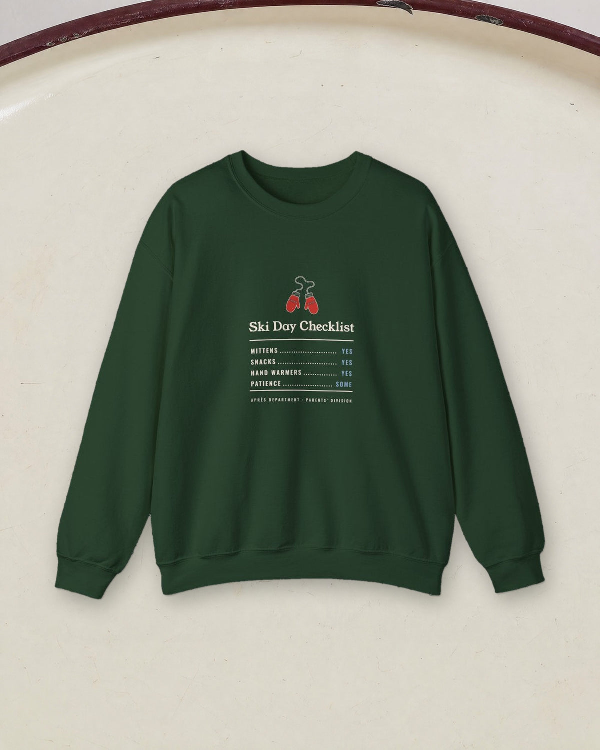 Ski Day Checklist Crewneck in Forest Green, styled