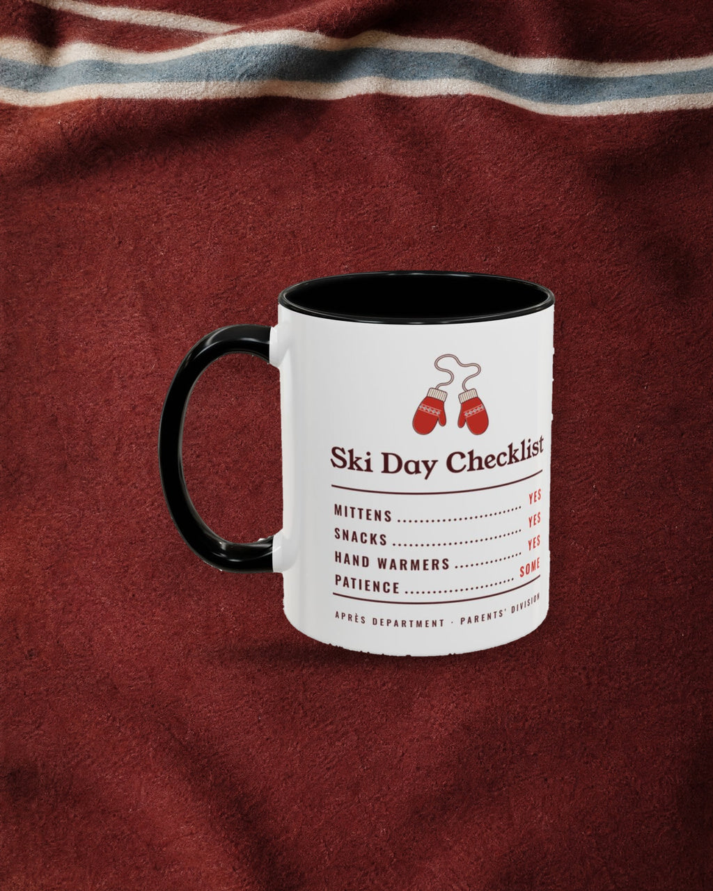 Ski Day Checklist Mug in Black, styled