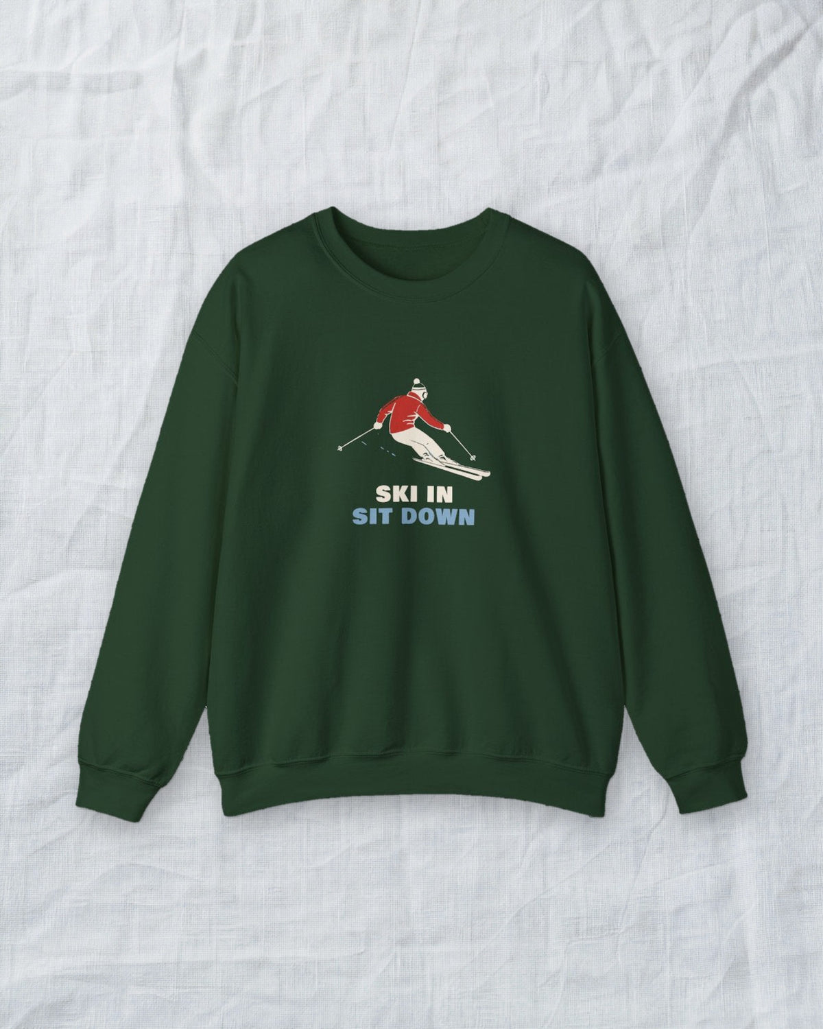Ski In, Sit Down Crewneck in Forest Green, styled
