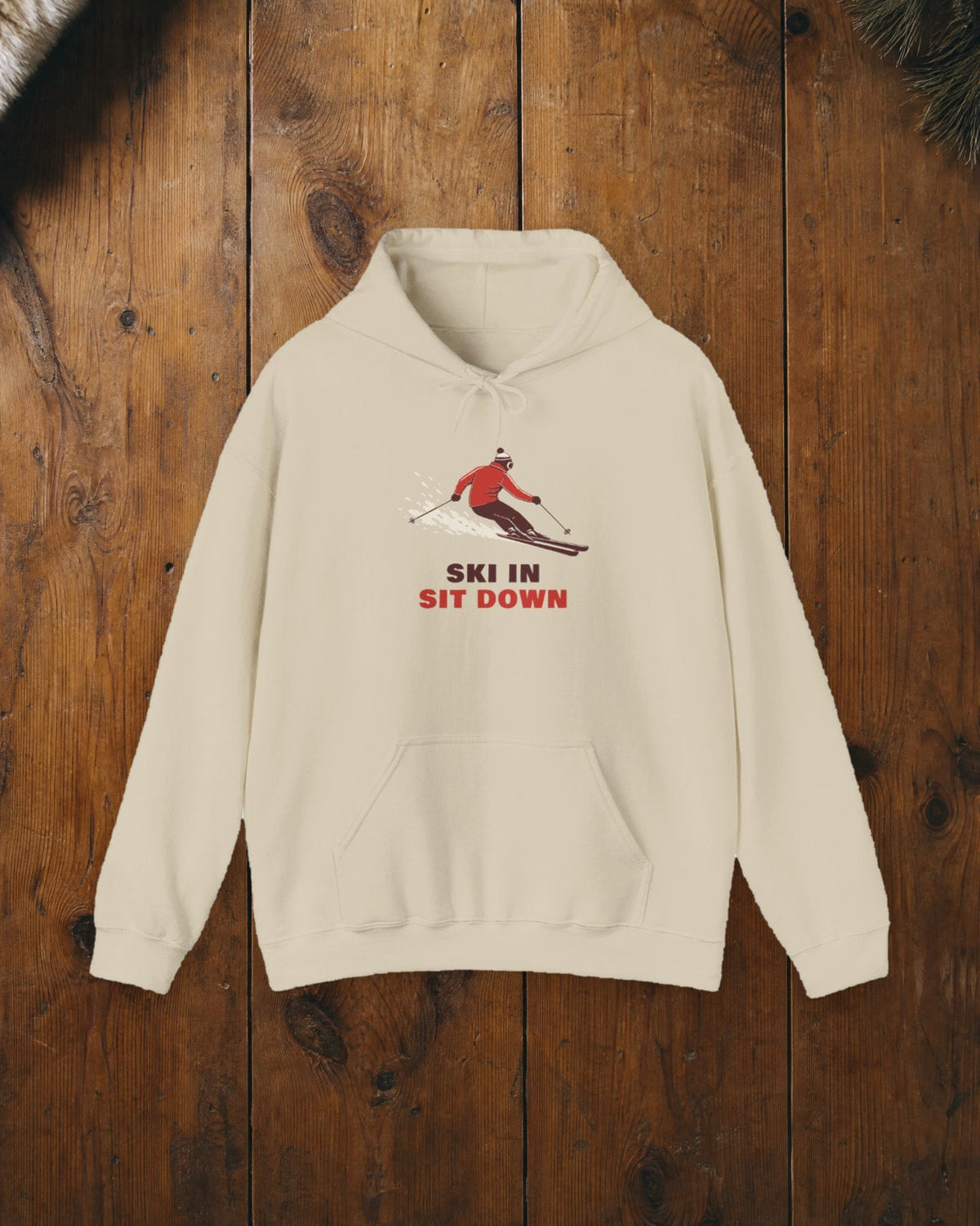 Ski In, Sit Down Hoodie in Sand, styled
