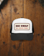 Annual Ski Swap Trucker Hat in Black/White, styled