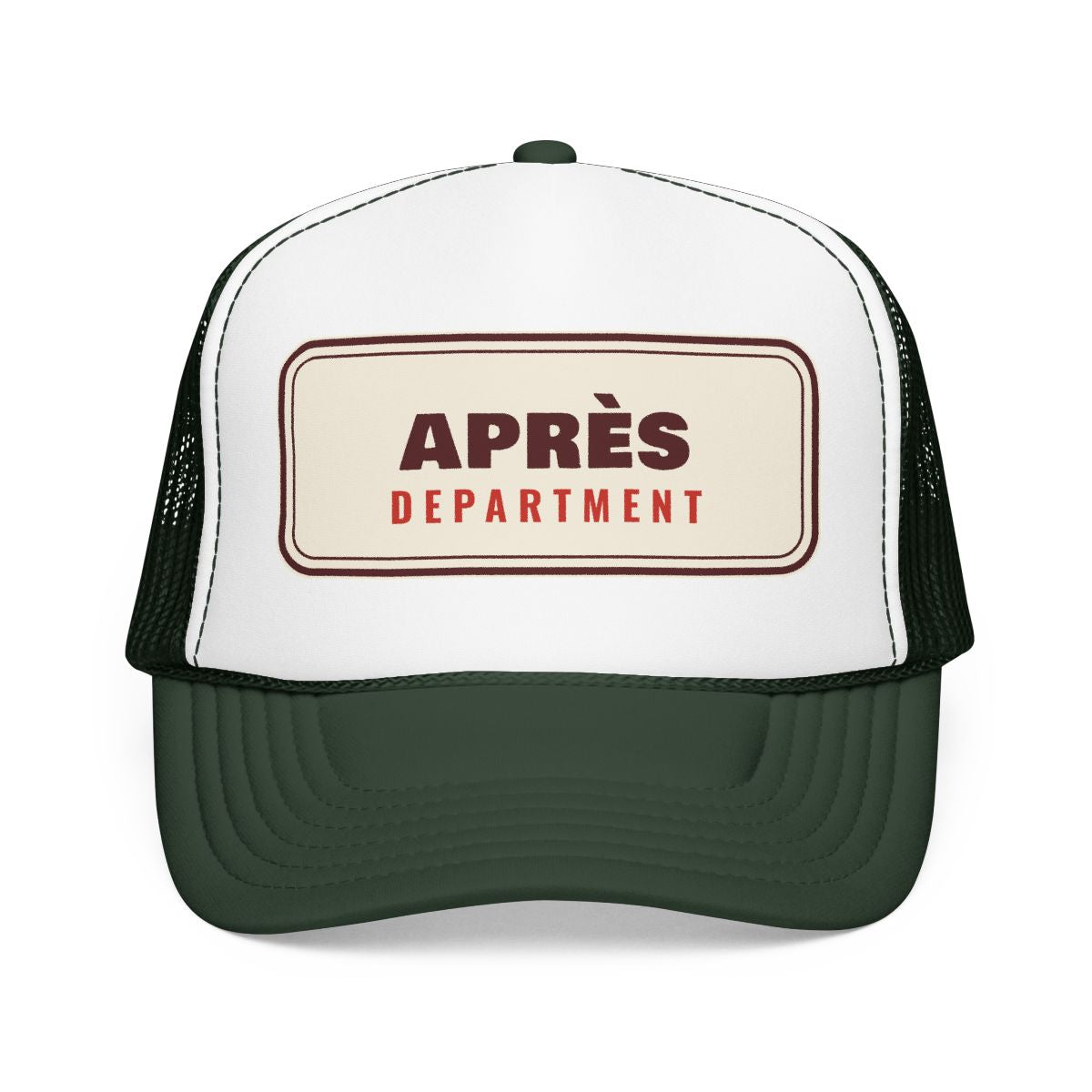 Après Department Trucker Hat in Dark Green / White / Dark Green, front view