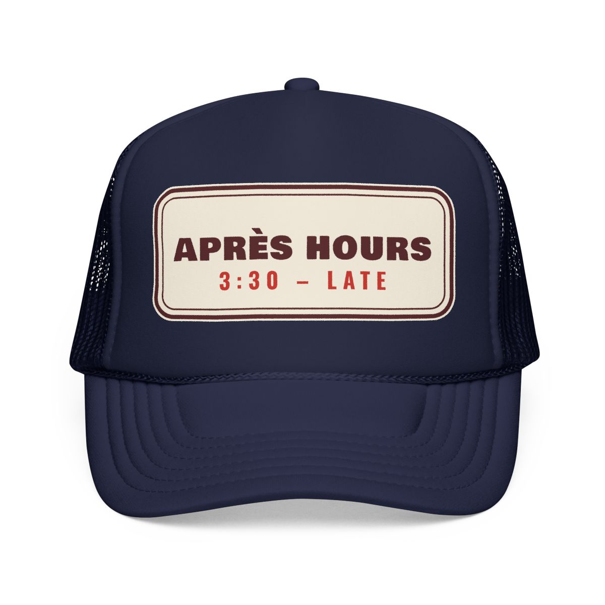 Après Hours Trucker Hat in Dark Navy, front view