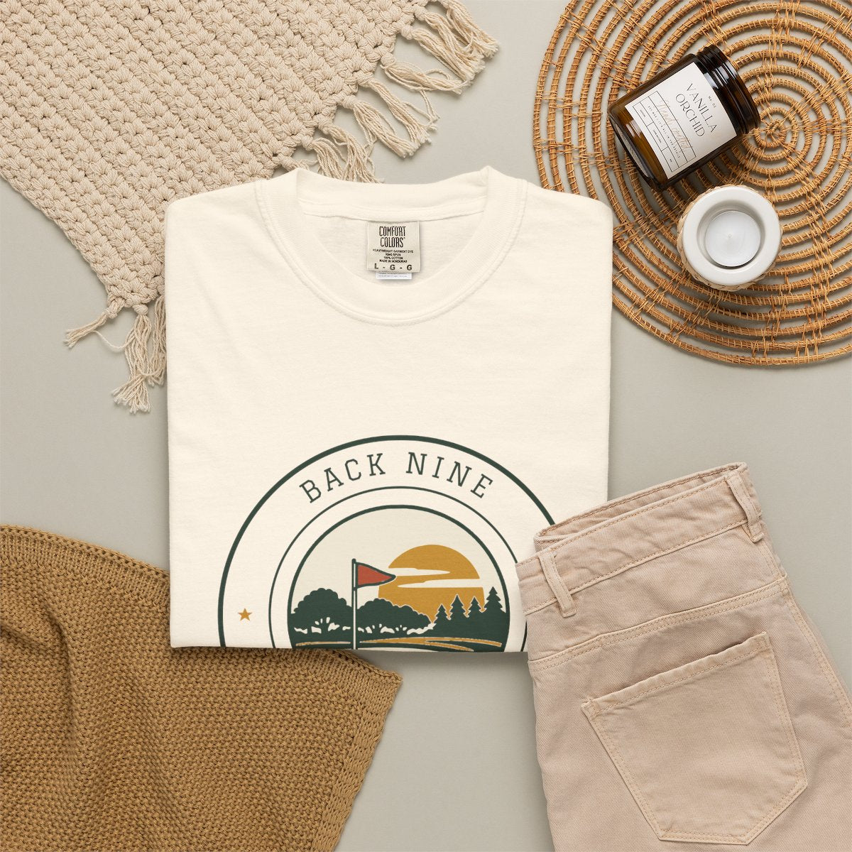 Back Nine Tee in Ivory, fabric and print detail