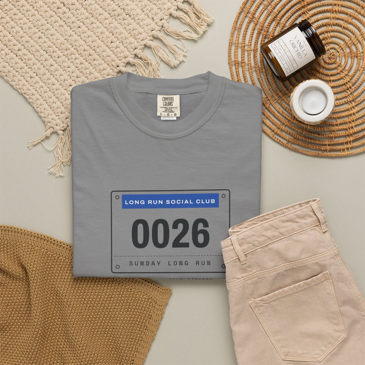 Bib 0026 Tee in Grey, fabric and print detail