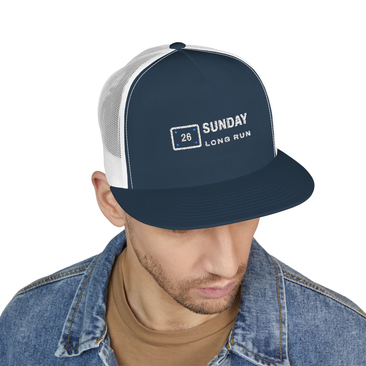 Bib 26 Trucker Cap in Navy/White, on model