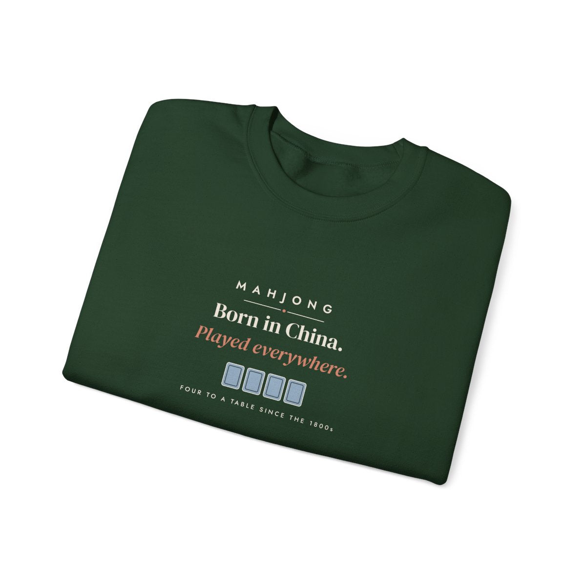 Born in China, Played Everywhere Crewneck in Forest Green, folded