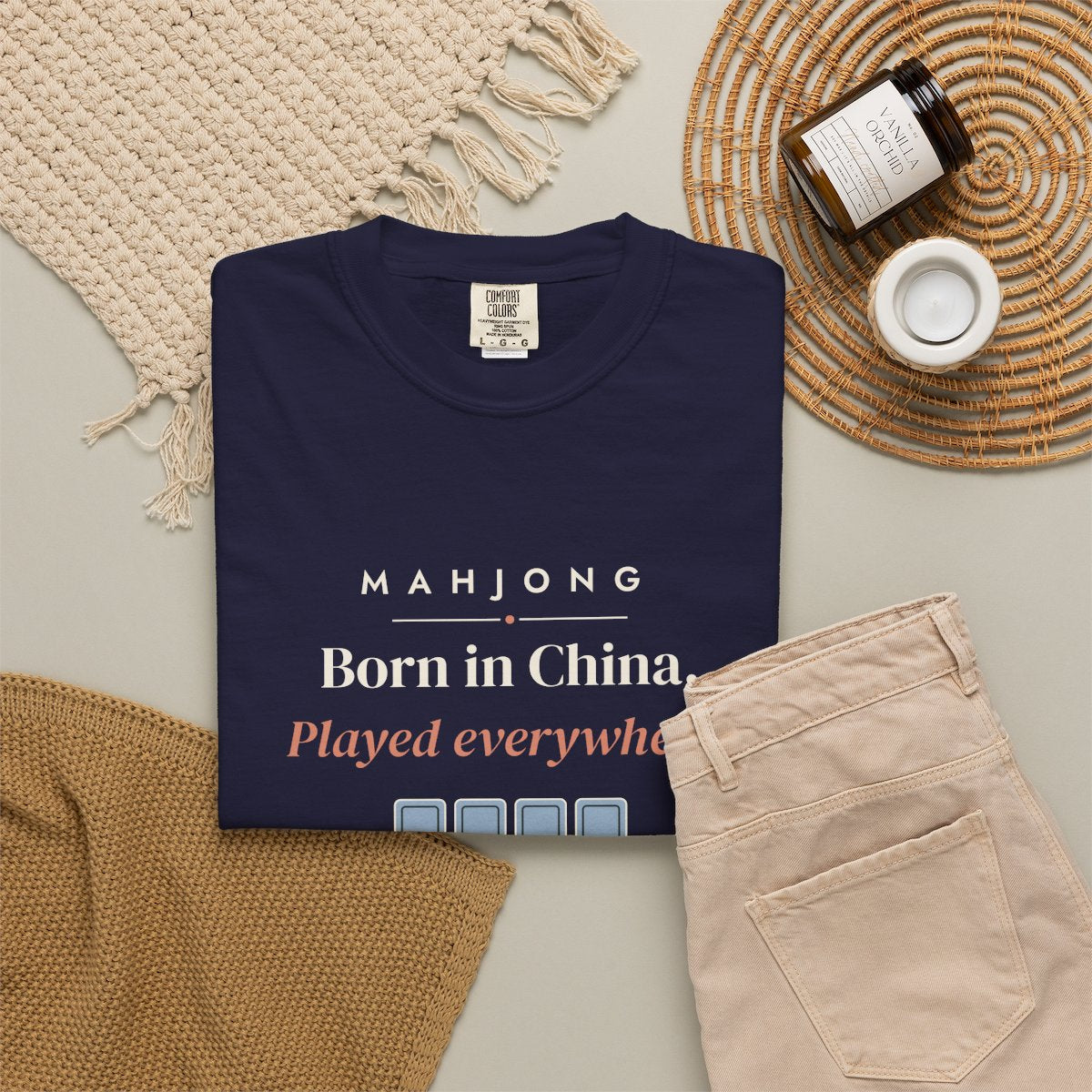 Born in China, Played Everywhere Tee in True Navy, fabric and print detail