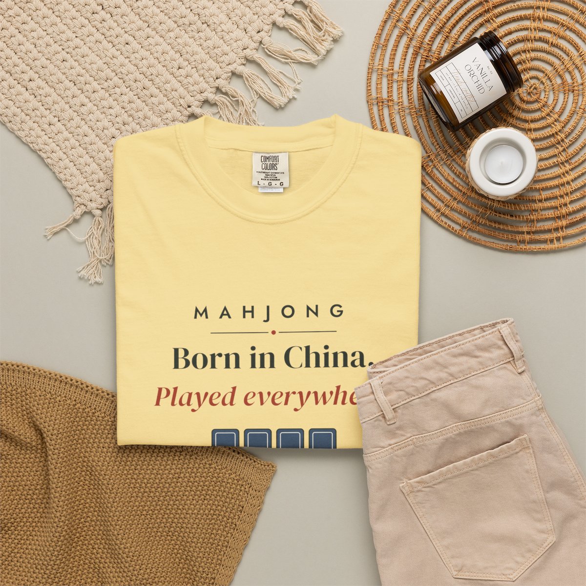 Born in China, Played Everywhere Tee in Butter, fabric and print detail