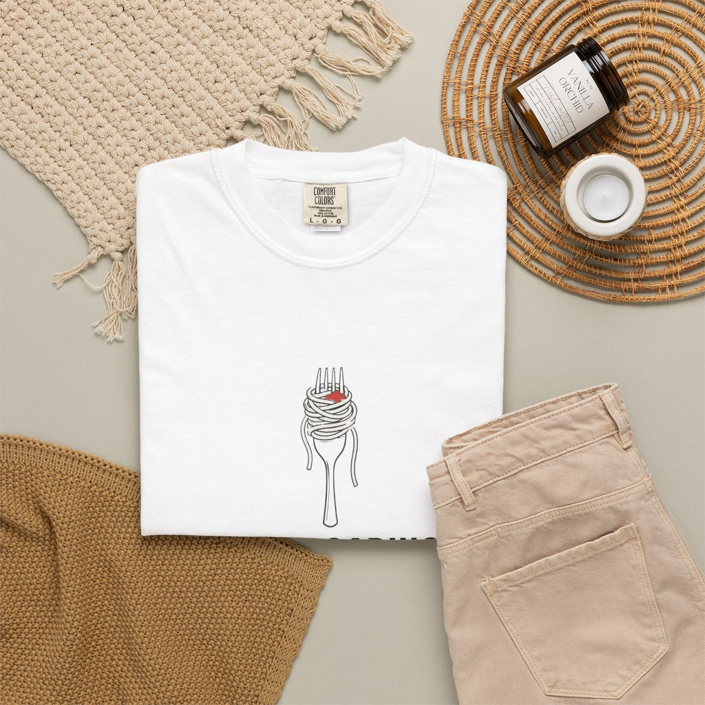 Carb Loading Committee Tee in White, fabric and print detail