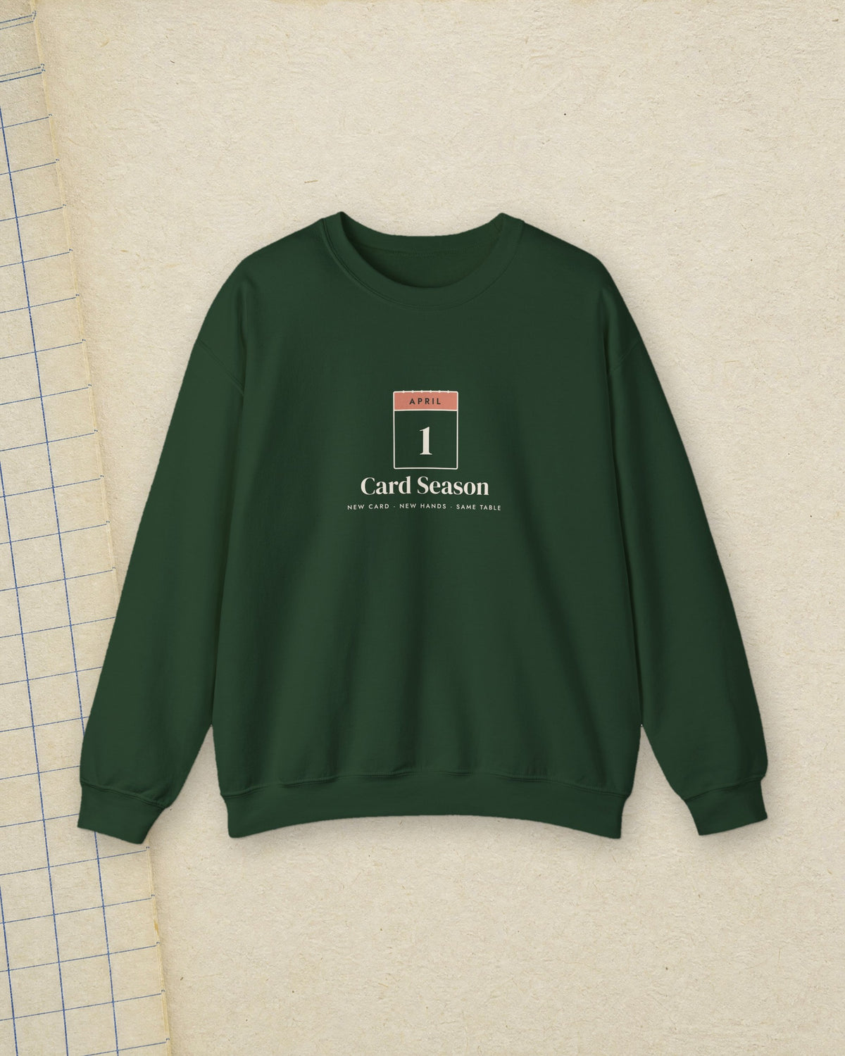 Card Season Crewneck in Forest Green, styled