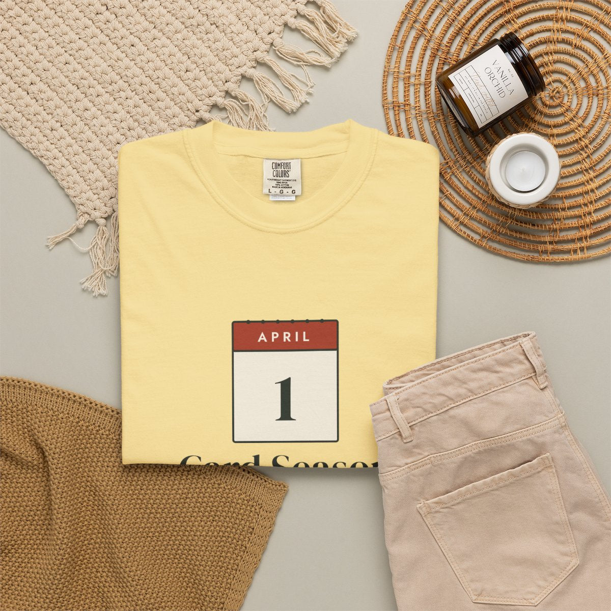 Card Season Tee in Butter, fabric and print detail