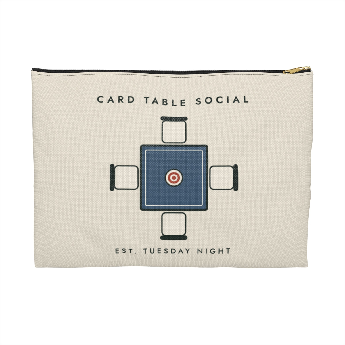 Card Table Crest Zip Pouch in Black zipper, front view