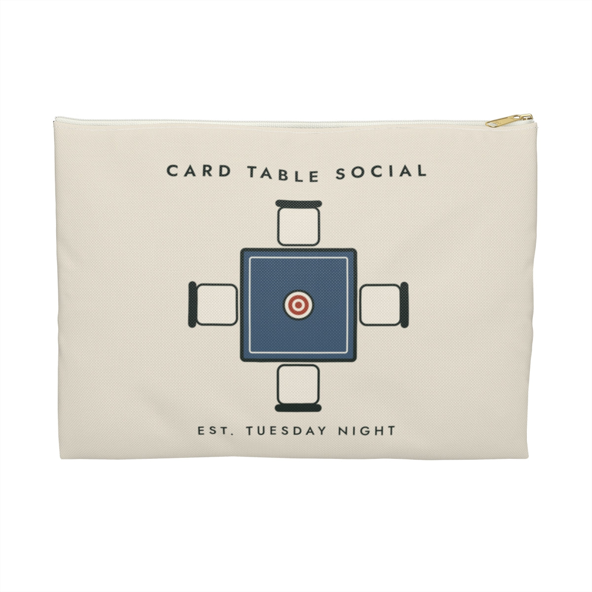 Card Table Crest Zip Pouch in White zipper, front view
