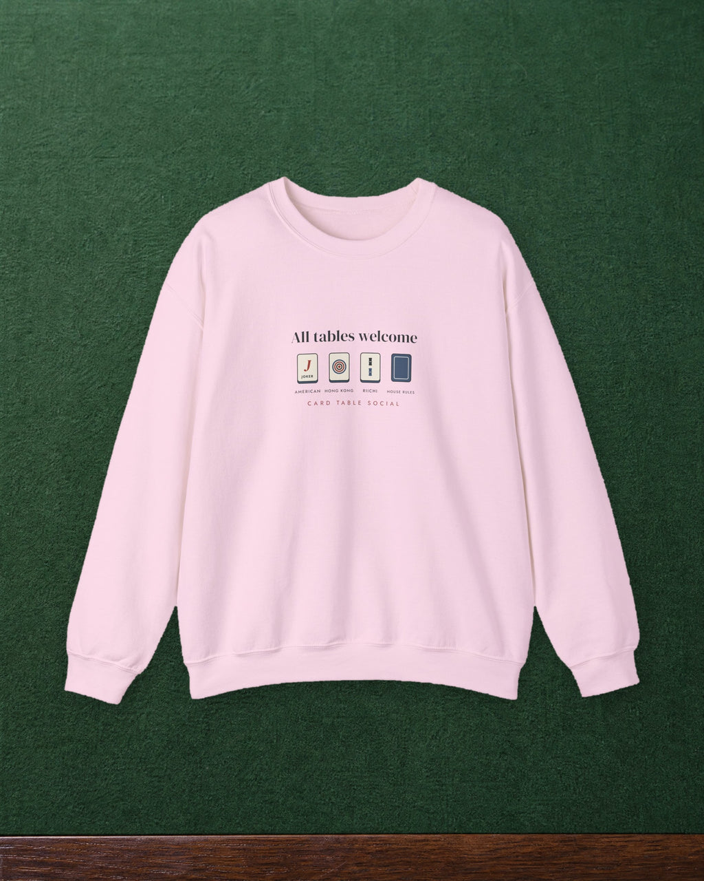 All Tables Welcome Crewneck in Light Pink, styled