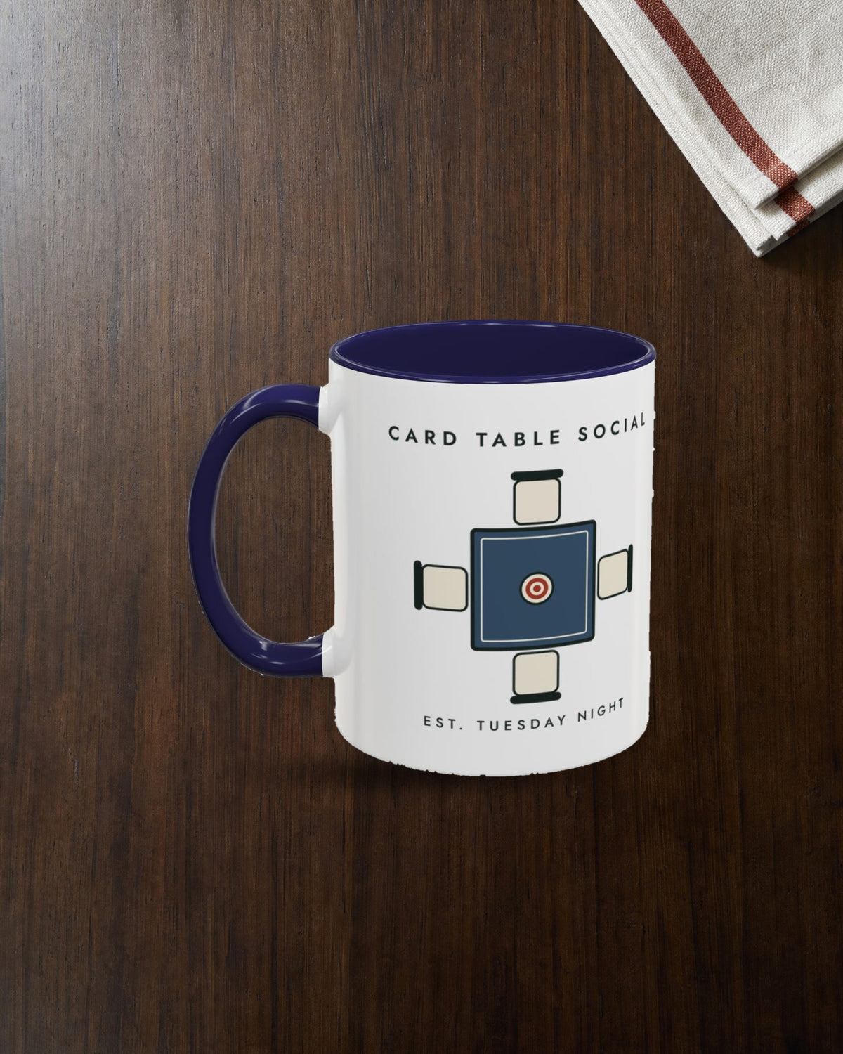 Card Table Crest Mug in Navy, styled