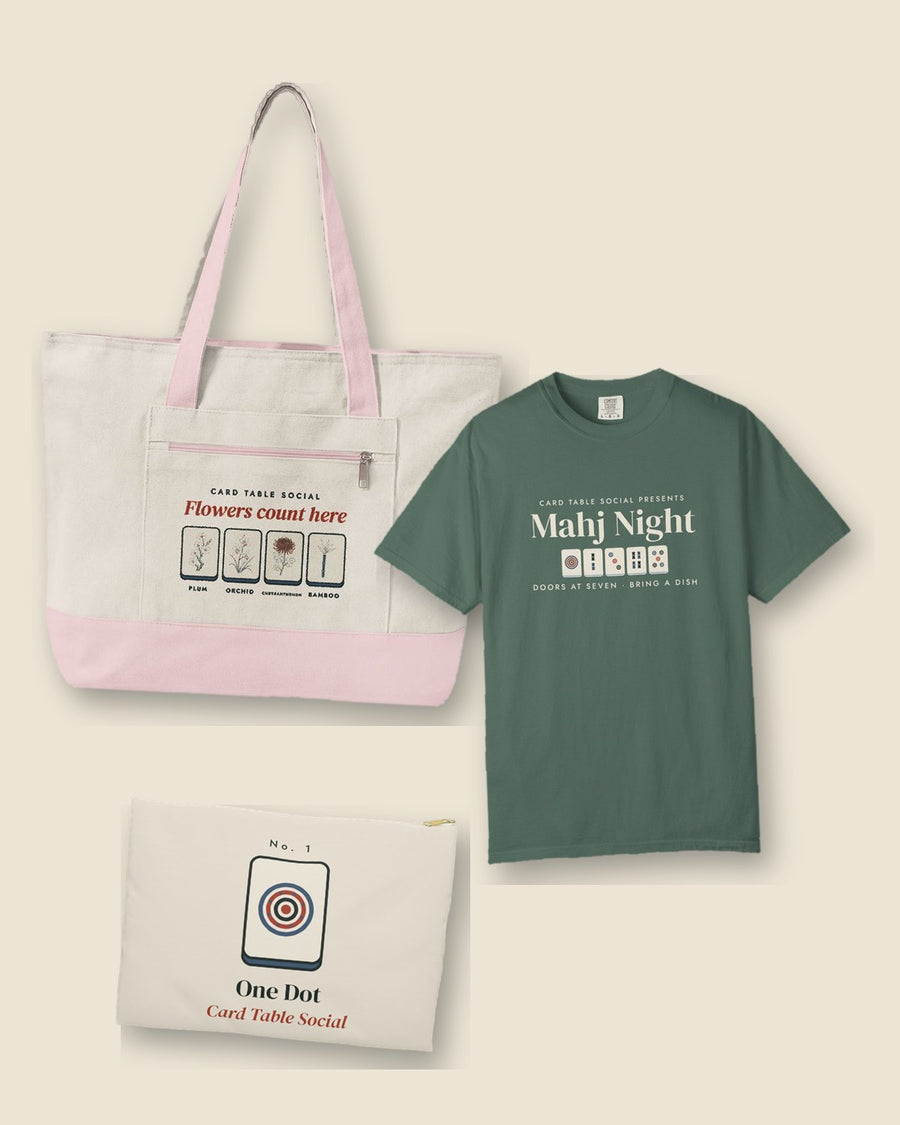Card Table Social: Flowers Count Here Mahj Bag in Natural/Light Pink, Mahj Night Tee in Blue Spruce and One Dot Zip Pouch in White zipper