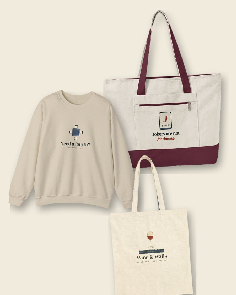 Card Table Social: Need a Fourth? Crewneck in Sand, Jokers Are Not for Sharing Mahj Bag in Natural/Maroon and Wine & Walls Tote in Natural