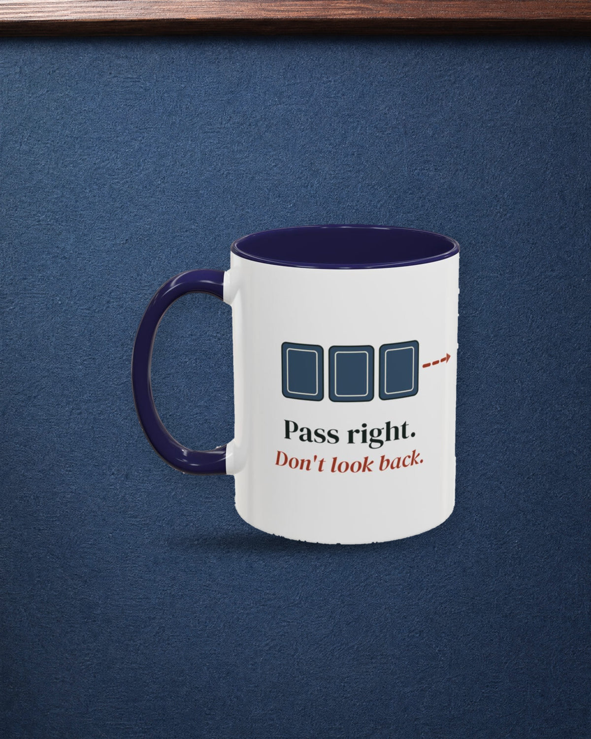 Pass Right Mug in Navy, styled