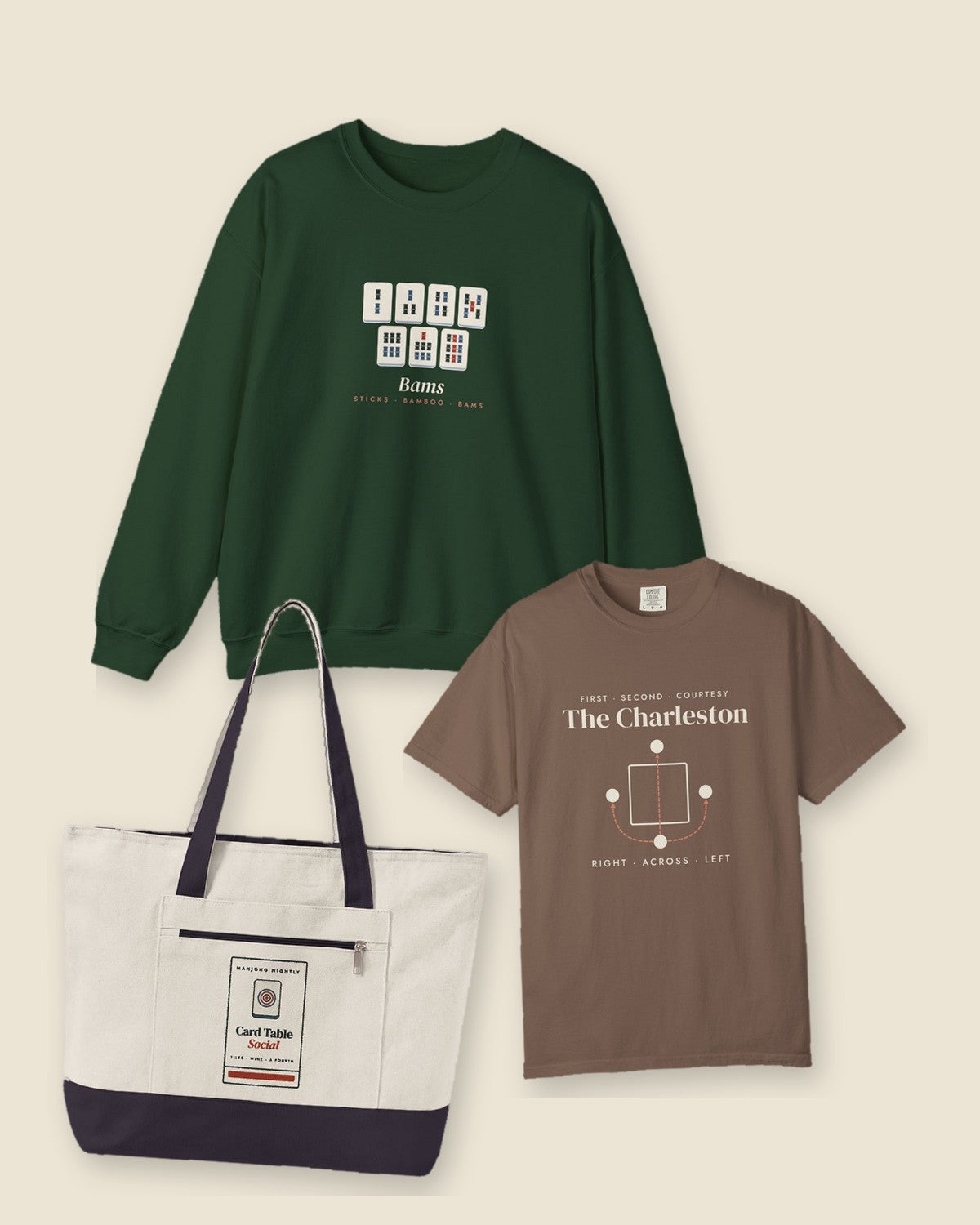 Card Table Social collection: Bams Crewneck in Forest Green, The Charleston Tee in Espresso and Game Night Matchbook Mahj Bag in Natural/Navy