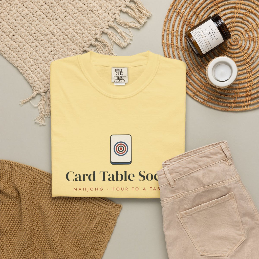 Card Table Social Tee in Butter, fabric and print detail